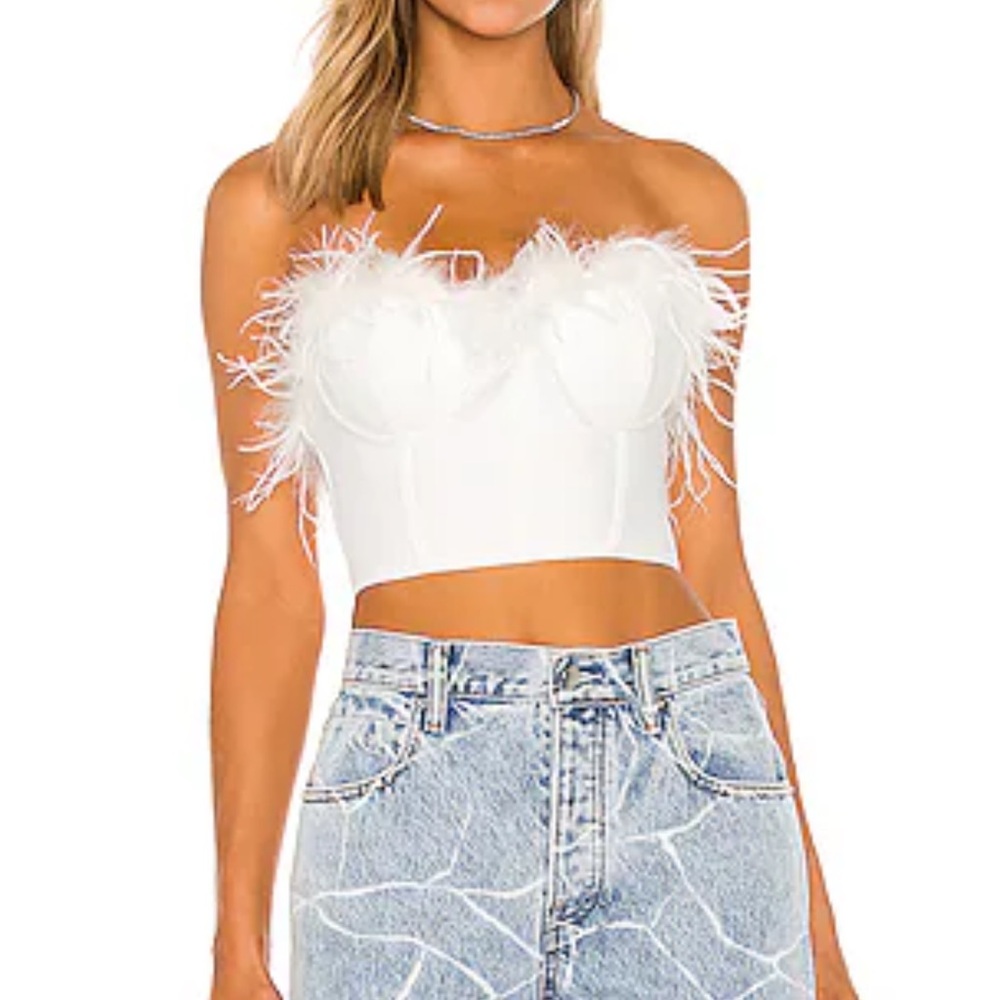 Superdown Ramona Bustier White Feathered Crop Top